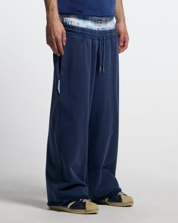 HIDE AND SEEK SWEATPANTS NAVY - navy double waistband sweatpants, front view on male model - Cold Culture #man