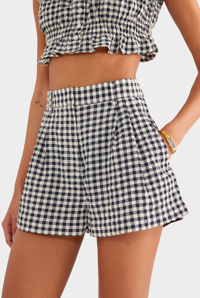 High Waisted Pleat Short - Navy/Cream Gingham - XS
