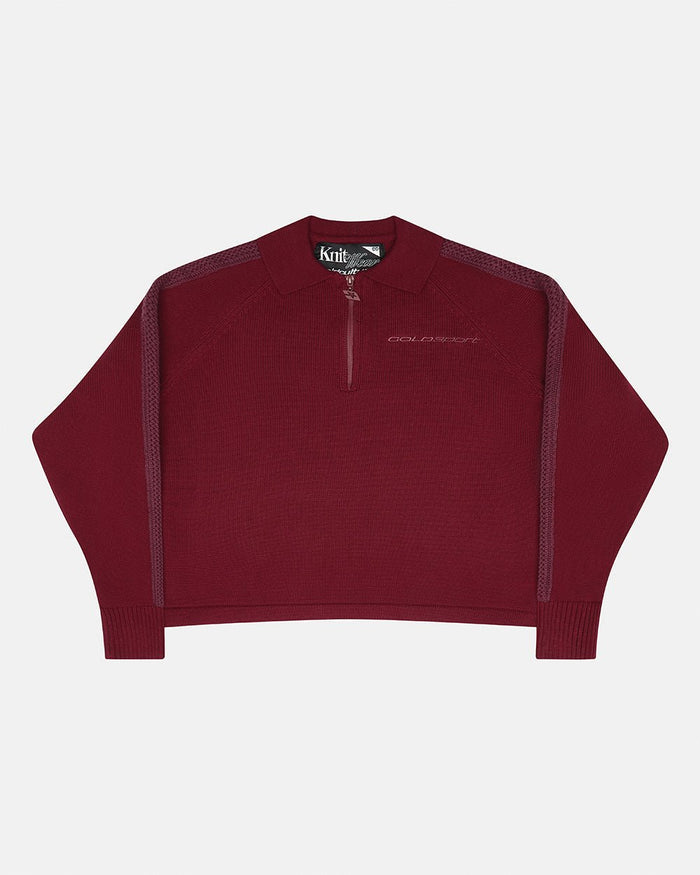 HIGHWAY QUARTER ZIP KNIT BURGUNDY - burgundy quarter-zip knit sweater, front view - Cold Culture