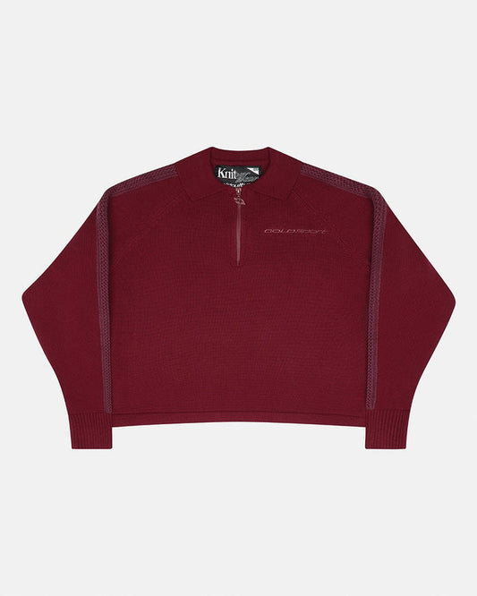 HIGHWAY QUARTER ZIP KNIT BURGUNDY - burgundy quarter-zip knit sweater, front view - Cold Culture