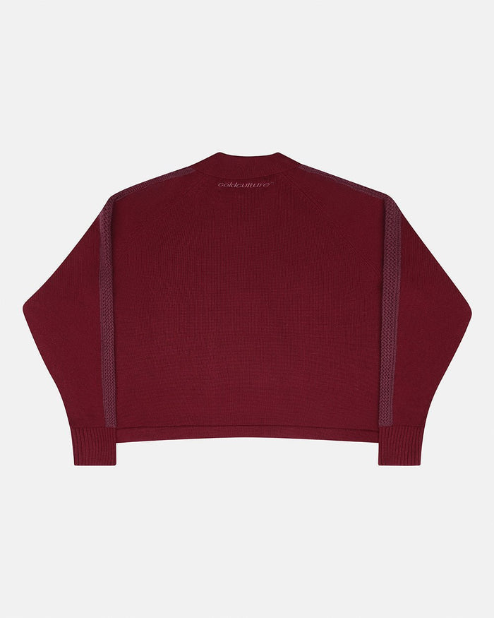 HIGHWAY QUARTER ZIP KNIT BURGUNDY - burgundy quarter-zip knit sweater, back view - Cold Culture