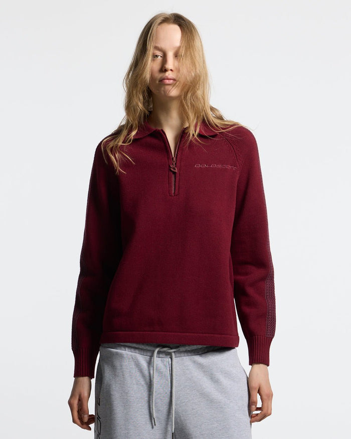 HIGHWAY QUARTER ZIP KNIT BURGUNDY - burgundy quarter-zip knit sweater, front view on female model - Cold Culture #woman