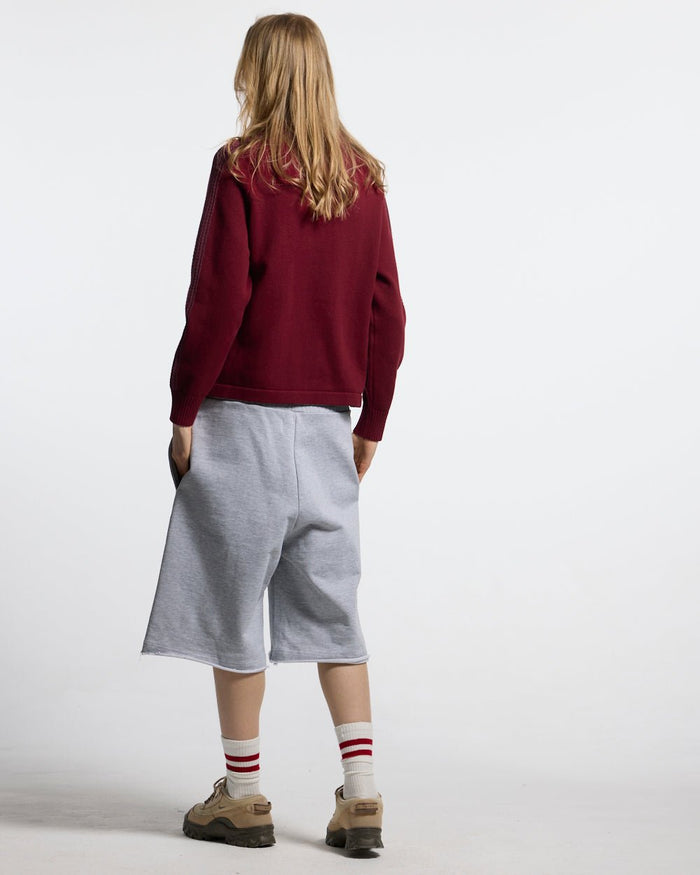 HIGHWAY QUARTER ZIP KNIT BURGUNDY - burgundy quarter-zip knit sweater, back view on female model - Cold Culture #woman