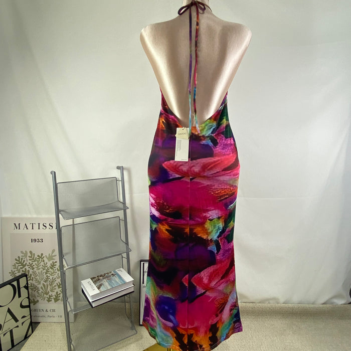 Hip-hung backless sheer neckline dress