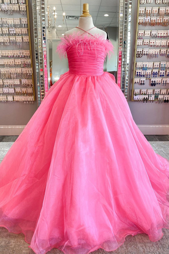 Hot Pink Spaghetti Strap Girl Pageant Dress with Feathers
