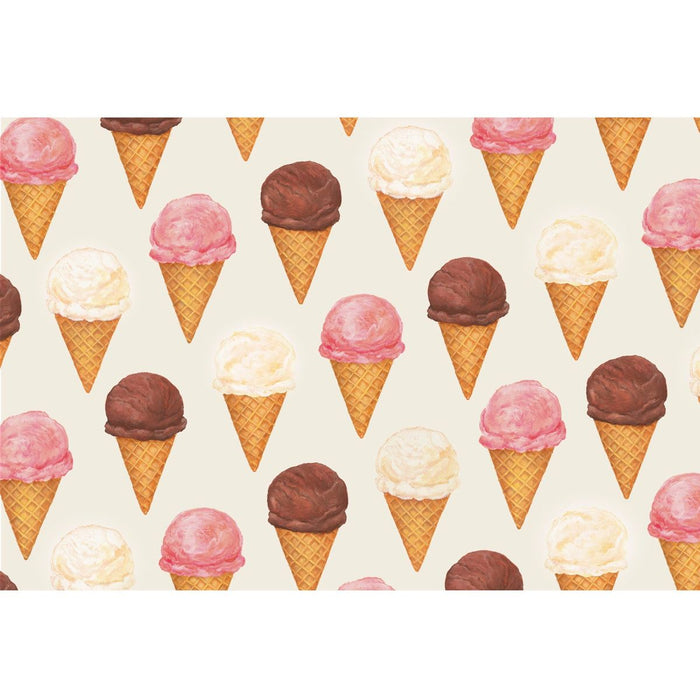 Pattern of ice cream cones with pink, chocolate, and vanilla scoops on a white background
