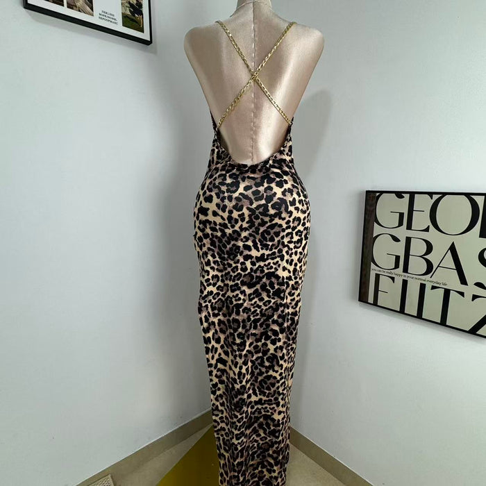 Irregular High-Slit Leopard Print Dress