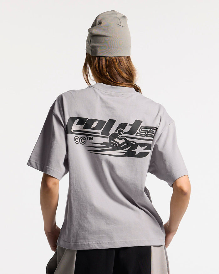 JET SKI TEE LIGHT GREY - light grey graphic print tee, back view on female model - Cold Culture #woman