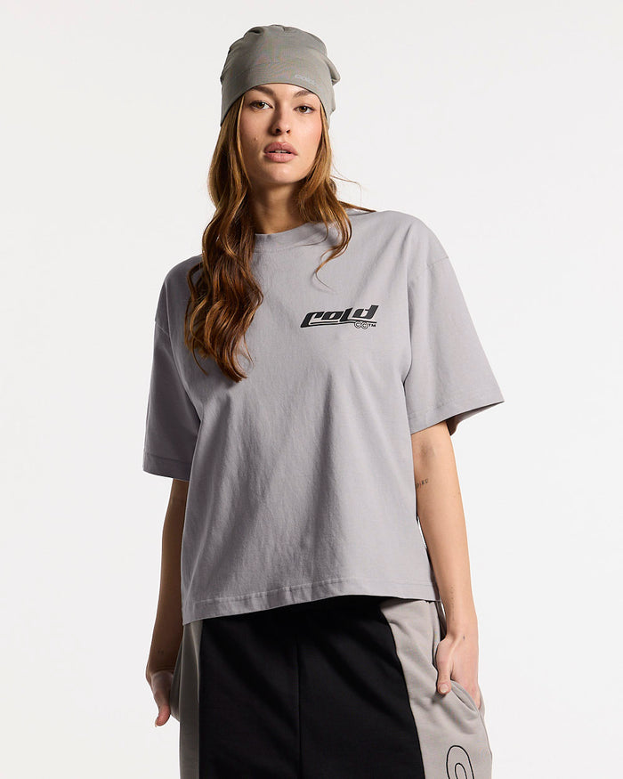 JET SKI TEE LIGHT GREY - light grey graphic print tee, front view on female model - Cold Culture #woman