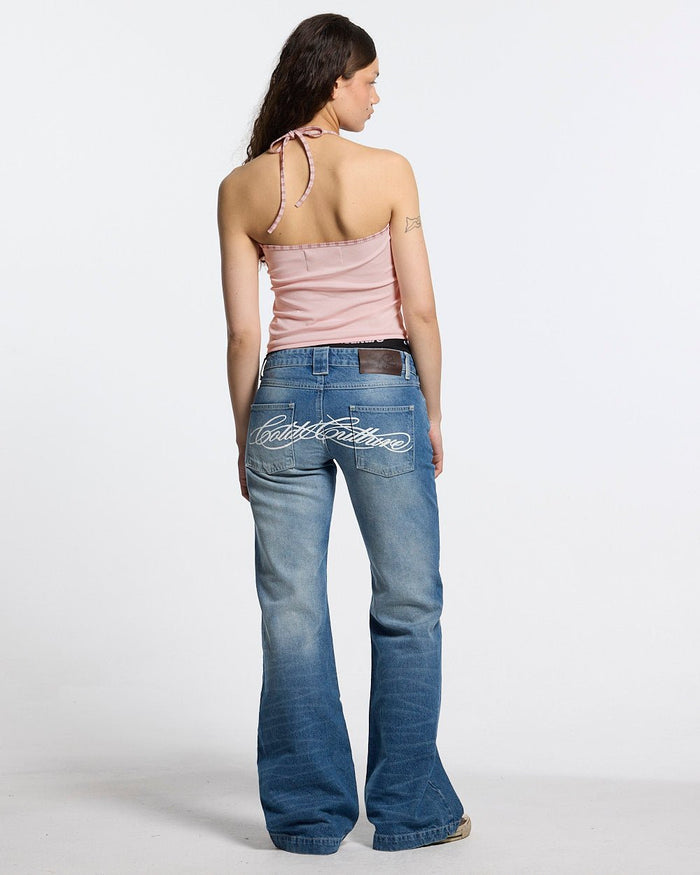 KANGAROO TANK TOP BABY PINK - baby pink halter tank top, back view on female model - Cold Culture