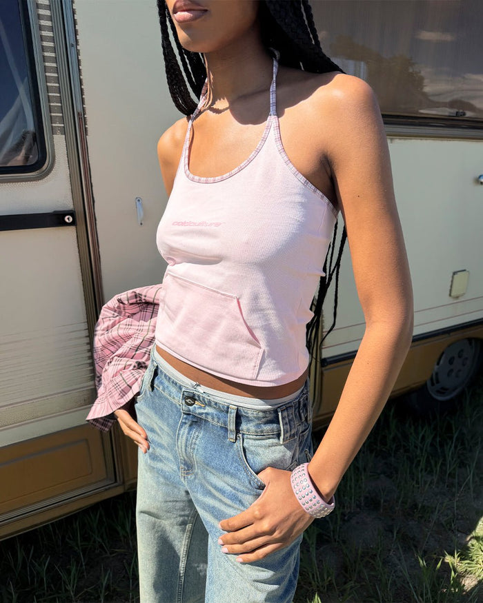 KANGAROO TANK TOP BABY PINK - baby pink halter tank top, street style shot - Cold Culture