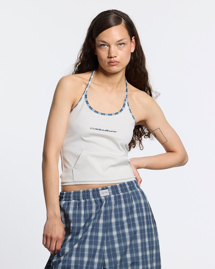 KANGAROO TANK TOP GREY - light grey halter tank top, front view on female model - Cold Culture