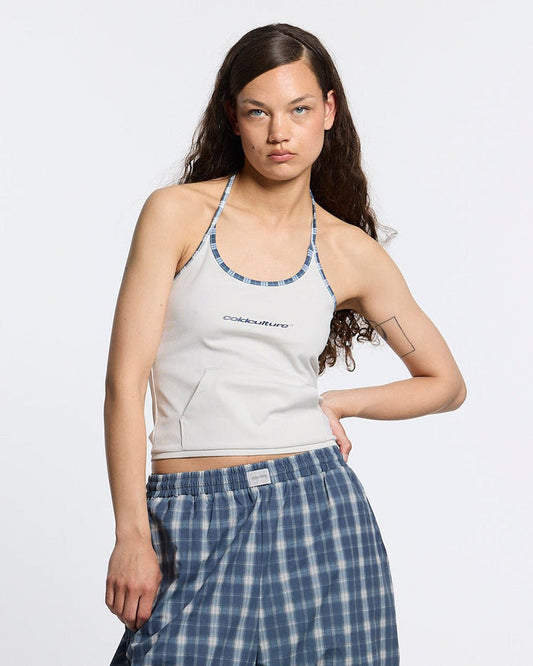 KANGAROO TANK TOP GREY - light grey halter tank top, front view on female model - Cold Culture