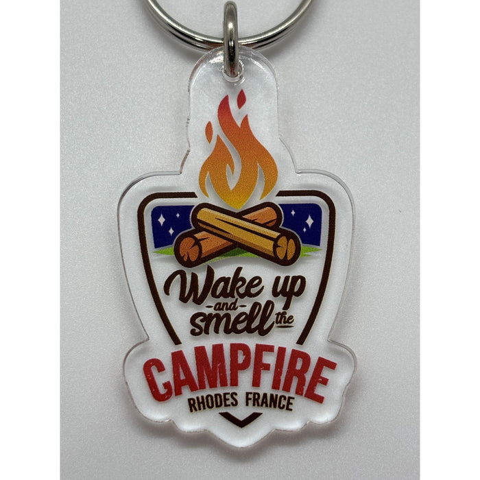 Keychain 1/8" Clear Acrylic - Wake Up Campfire Rhodes France