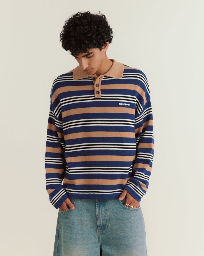 Knit Polo Sweater | Beige Stripe