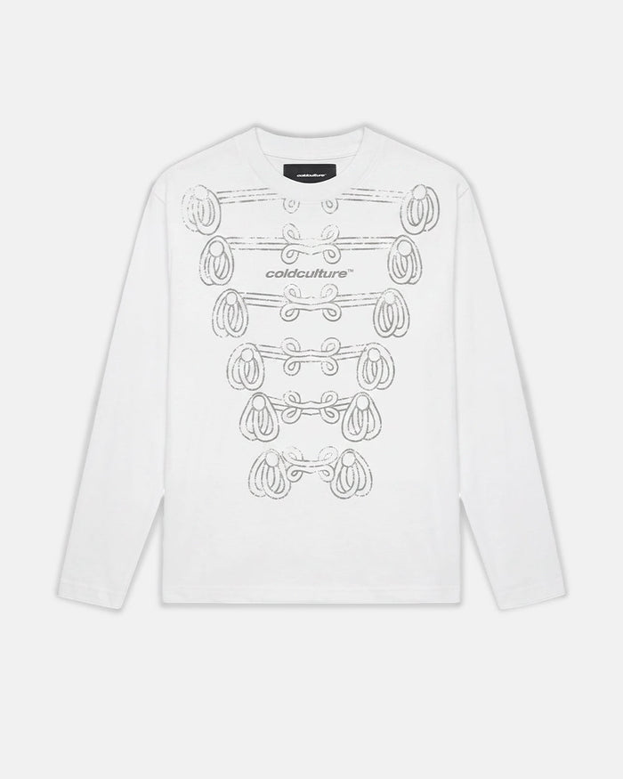 KNOTTING HILL LONGSLEEVE WHITE - white embroidered longsleeve tee, front view - Cold Culture