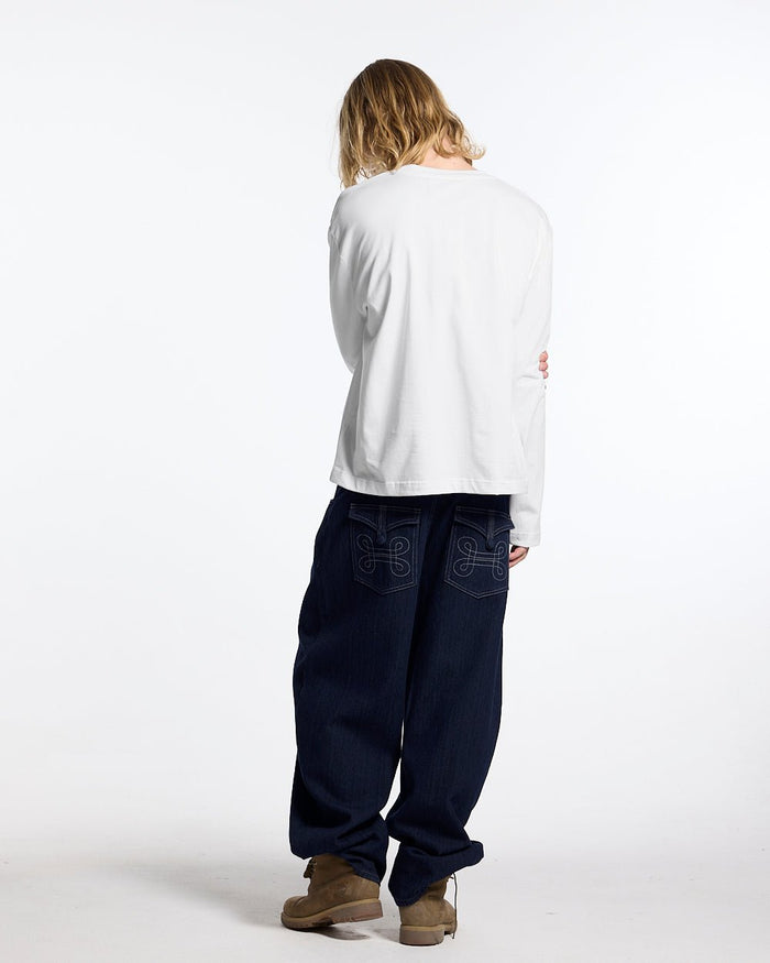 KNOTTING HILL LONGSLEEVE WHITE - white embroidered longsleeve tee, back view on male model - Cold Culture #man