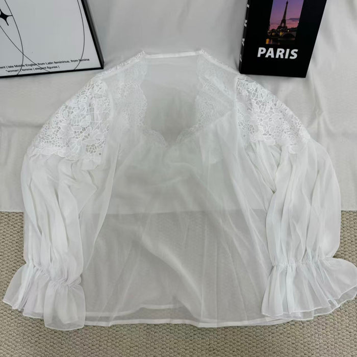 Lace-Paneled Puff-Sleeve Shirt