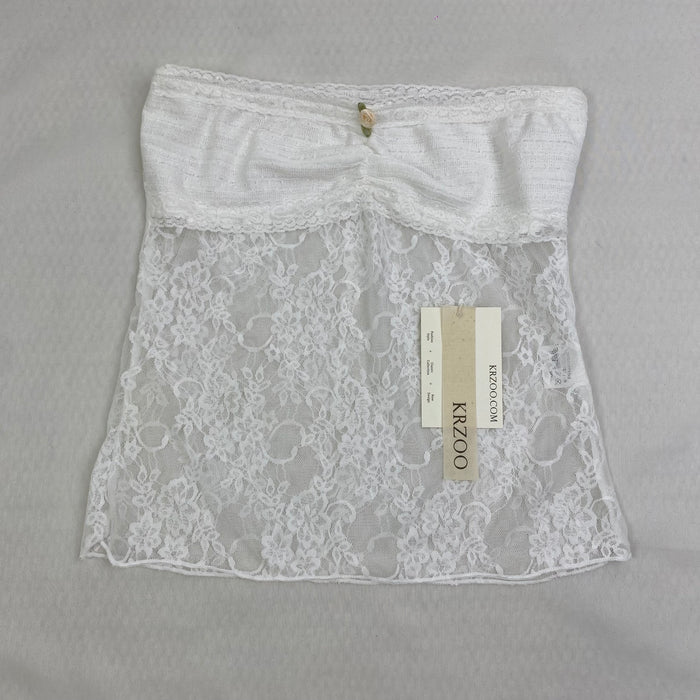 Lace strapless lace-up top with ruffled neckline