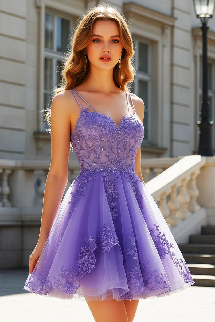Lavender Lace Appliqué Tulle Homecoming Dress with Spaghetti Straps RM128 Sheer Fairy