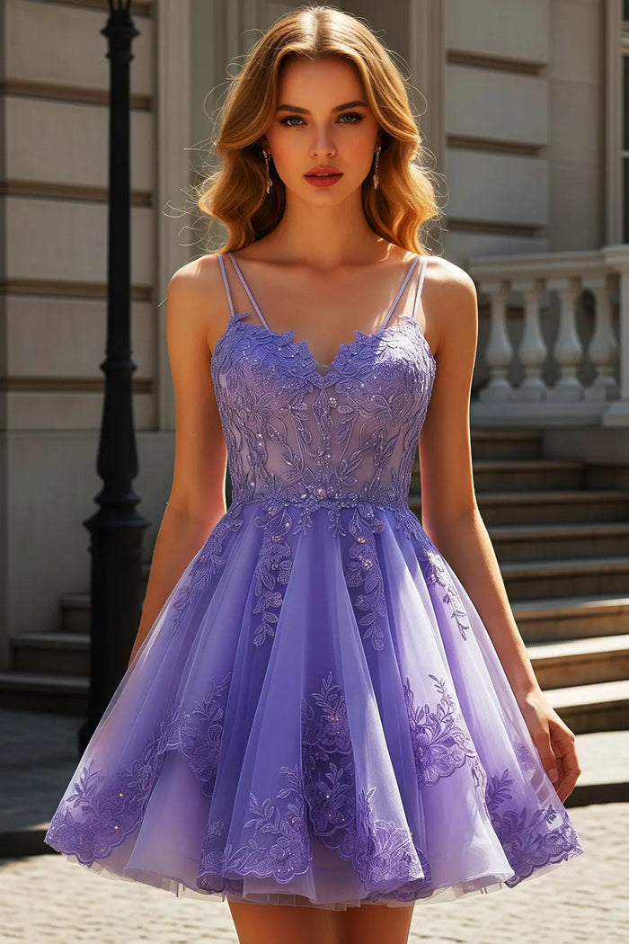 Lavender Lace Appliqué Tulle Homecoming Dress with Spaghetti Straps RM128 Sheer Fairy