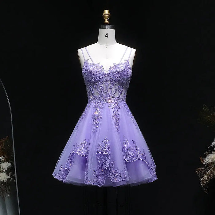 Lavender Lace Appliqué Tulle Homecoming Dress with Spaghetti Straps RM128 Sheer Fairy