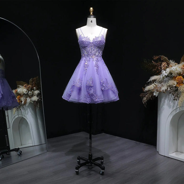 Lavender Lace Appliqué Tulle Homecoming Dress with Spaghetti Straps RM128 Sheer Fairy