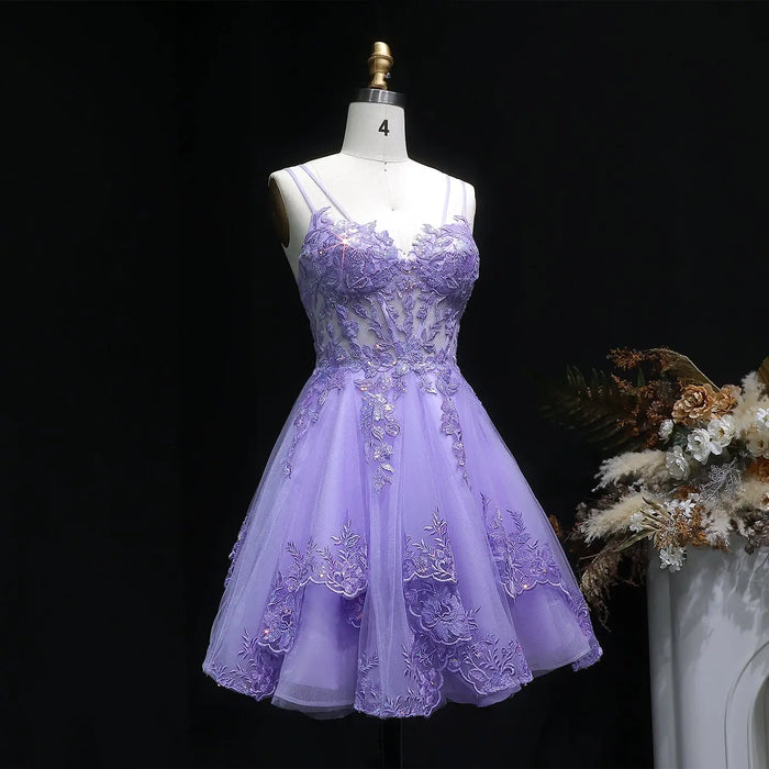 Lavender Lace Appliqué Tulle Homecoming Dress with Spaghetti Straps RM128 Sheer Fairy