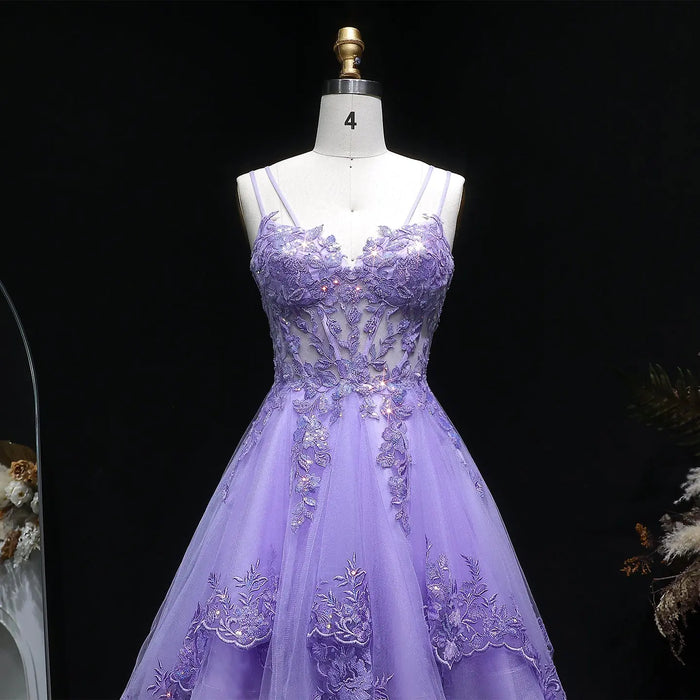 Lavender Lace Appliqué Tulle Homecoming Dress with Spaghetti Straps RM128 Sheer Fairy