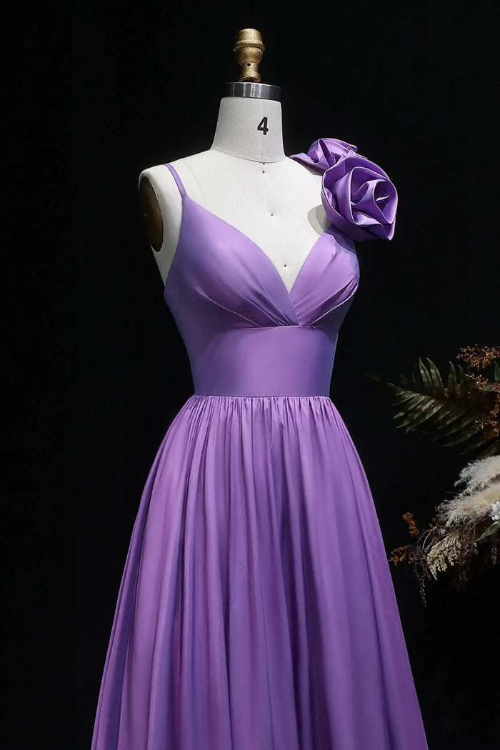 Lavender Satin A-Line V-Neck Prom Dress with 3D Rose SH135 Sheer Fairy