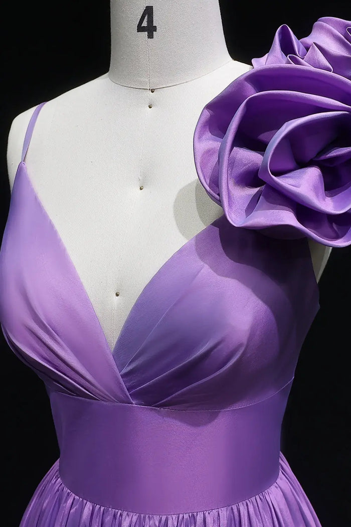 Lavender Satin A-Line V-Neck Prom Dress with 3D Rose SH135 Sheer Fairy