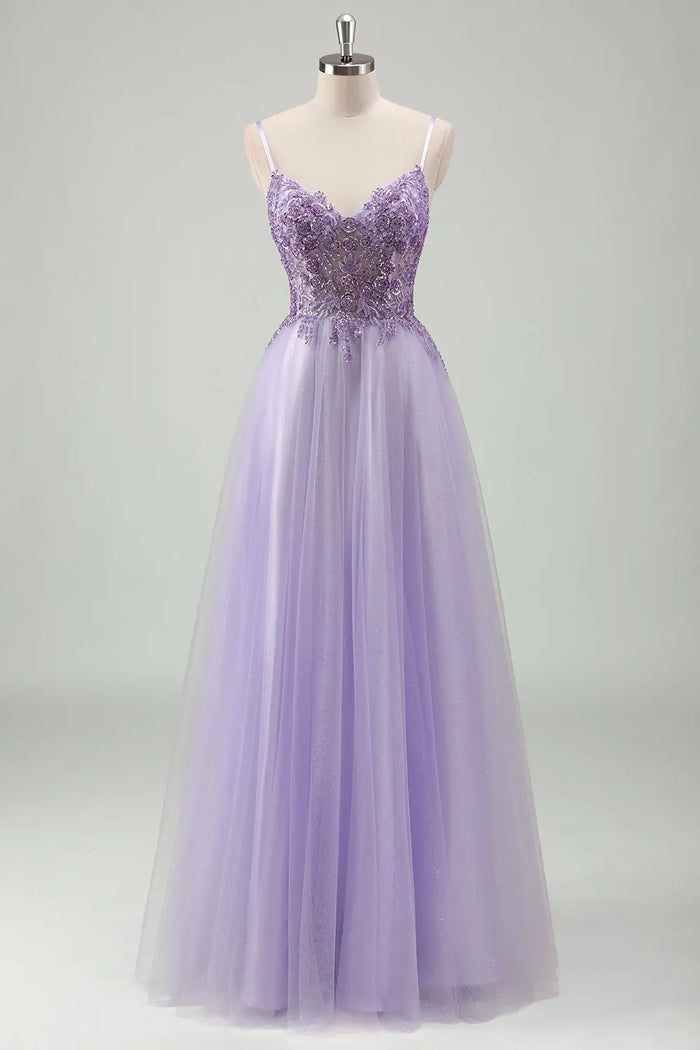Lavender Spaghetti Strap Tulle A-Line Prom Dress with Beaded SH601 Sheer Fairy