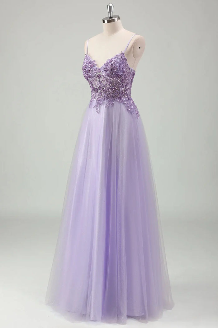 Lavender Spaghetti Strap Tulle A-Line Prom Dress with Beaded SH601 Sheer Fairy