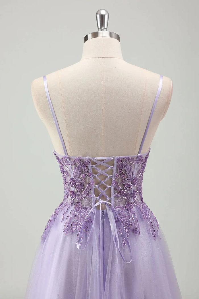 Lavender Spaghetti Strap Tulle A-Line Prom Dress with Beaded SH601 Sheer Fairy