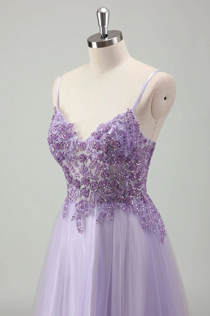 Lavender Spaghetti Strap Tulle A-Line Prom Dress with Beaded SH601 Sheer Fairy