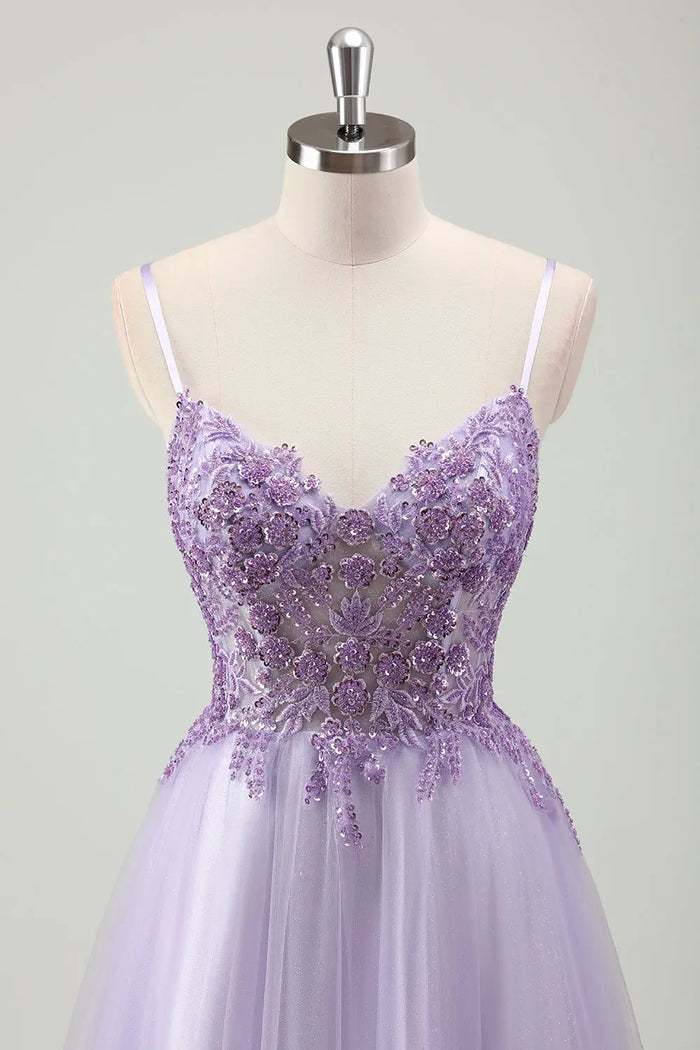Lavender Spaghetti Strap Tulle A-Line Prom Dress with Beaded SH601 Sheer Fairy