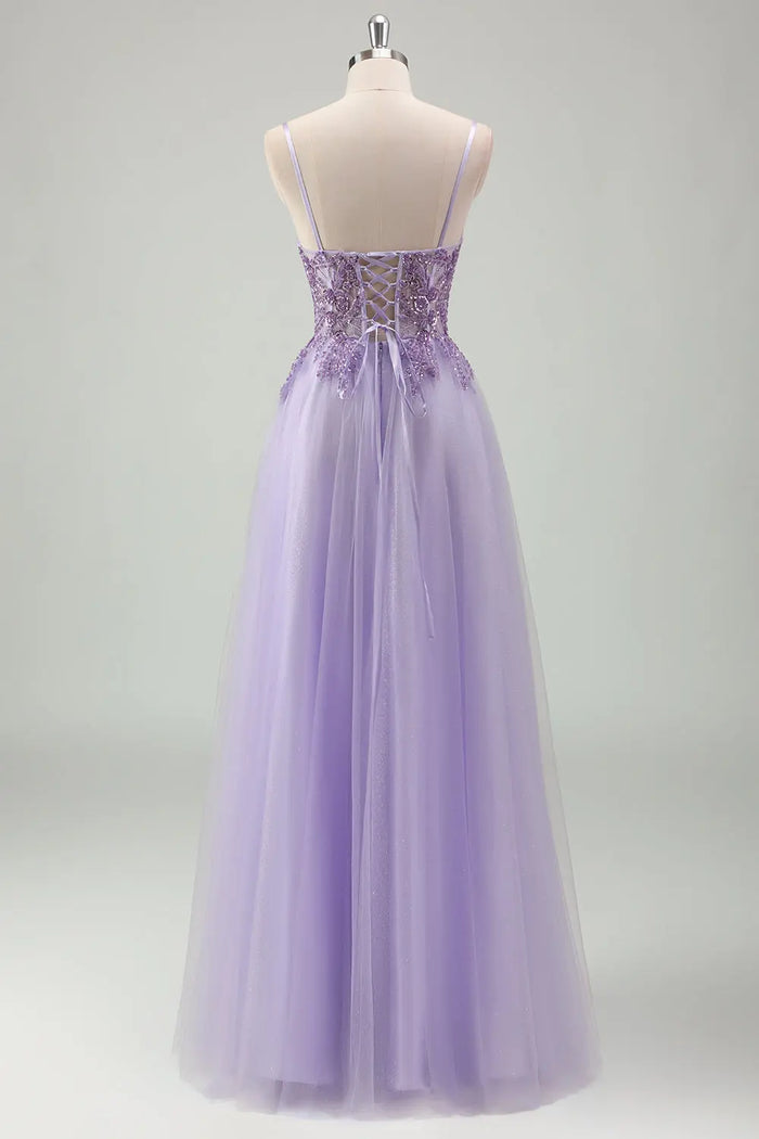Lavender Spaghetti Strap Tulle A-Line Prom Dress with Beaded SH601 Sheer Fairy