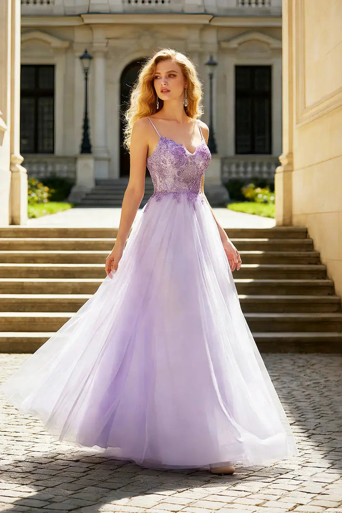 Lavender Spaghetti Strap Tulle A-Line Prom Dress with Beaded SH601 Sheer Fairy