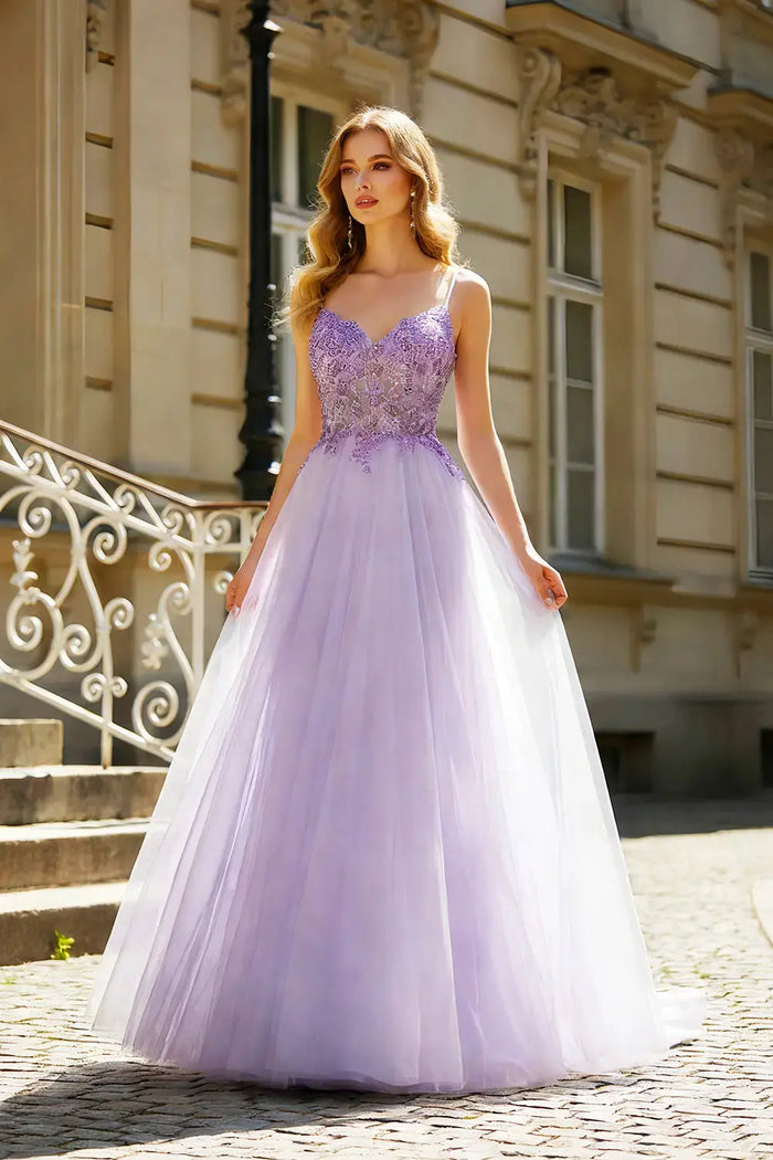 Lavender Spaghetti Strap Tulle A-Line Prom Dress with Beaded SH601 Sheer Fairy