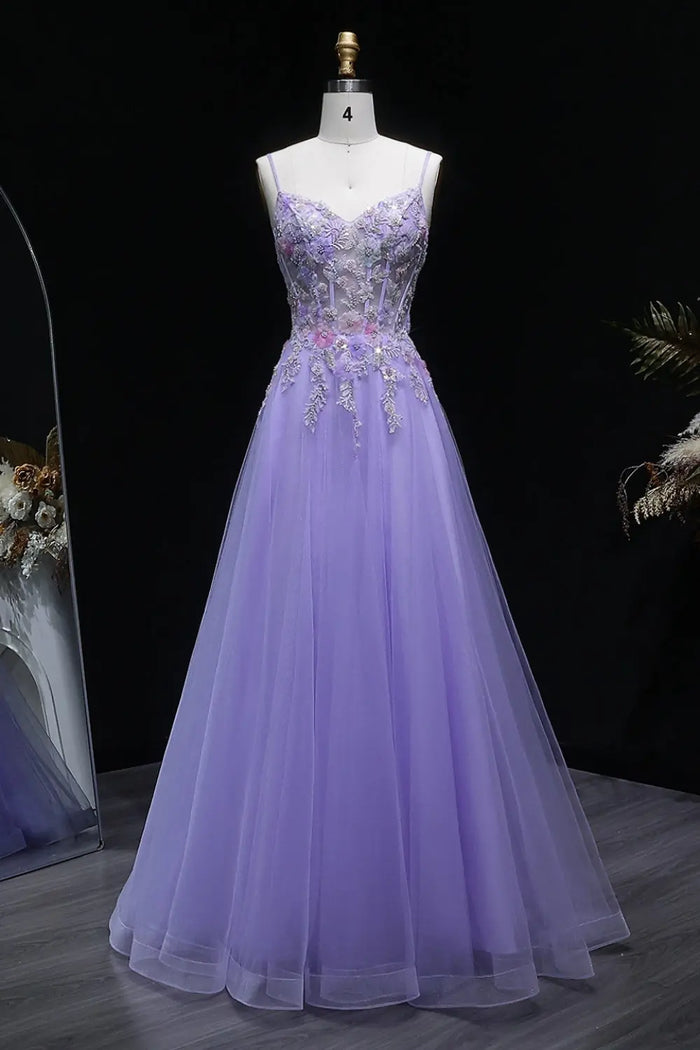 Lavender Tulle A-Line Spaghetti Strap Prom Dress with 3D Floral SH144 Sheer Fairy