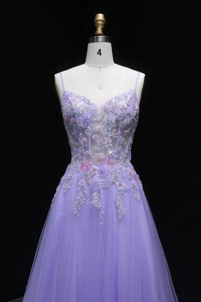 Lavender Tulle A-Line Spaghetti Strap Prom Dress with 3D Floral SH144 Sheer Fairy