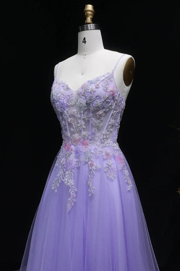 Lavender Tulle A-Line Spaghetti Strap Prom Dress with 3D Floral SH144 Sheer Fairy