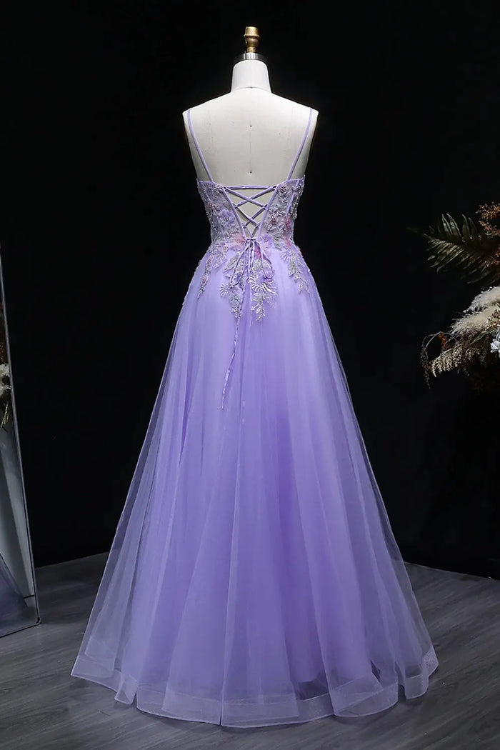 Lavender Tulle A-Line Spaghetti Strap Prom Dress with 3D Floral SH144 Sheer Fairy