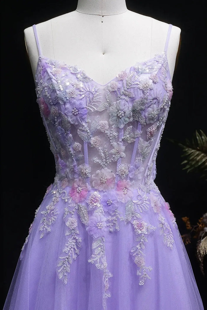 Lavender Tulle A-Line Spaghetti Strap Prom Dress with 3D Floral SH144 Sheer Fairy