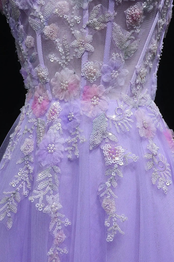 Lavender Tulle A-Line Spaghetti Strap Prom Dress with 3D Floral SH144 Sheer Fairy