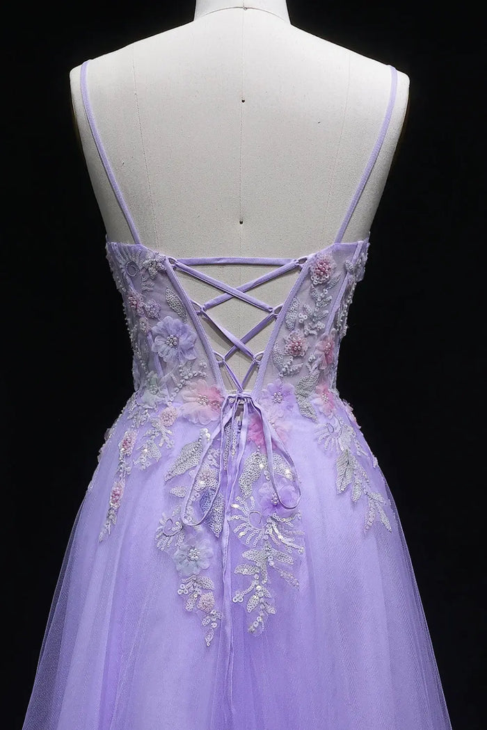 Lavender Tulle A-Line Spaghetti Strap Prom Dress with 3D Floral SH144 Sheer Fairy