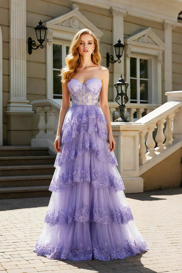 Lavender Tulle Strapless Sweetheart Ball Gown Lilac Prom Dress SH499 Sheer Fairy