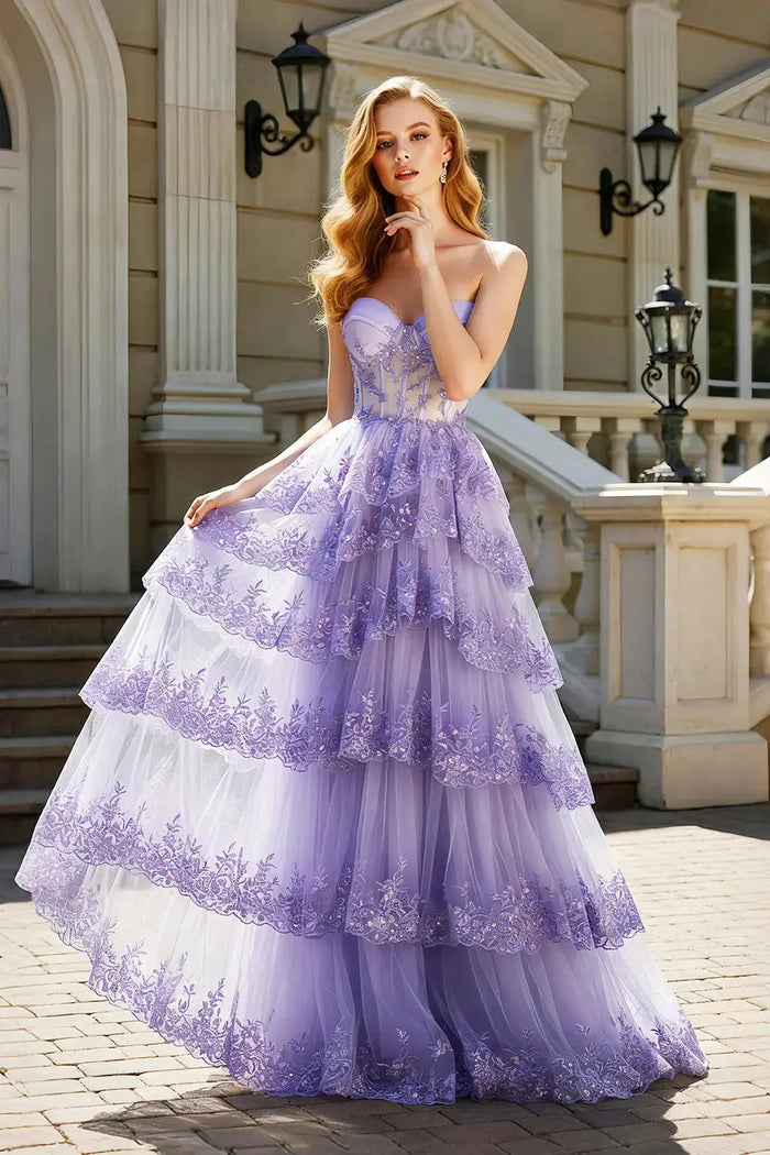 Lavender Tulle Strapless Sweetheart Ball Gown Lilac Prom Dress SH499 Sheer Fairy