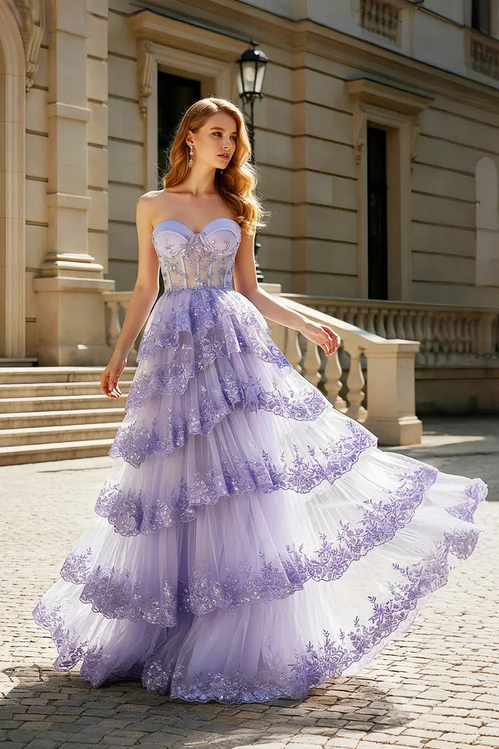 Lavender Tulle Strapless Sweetheart Ball Gown Lilac Prom Dress SH499 Sheer Fairy