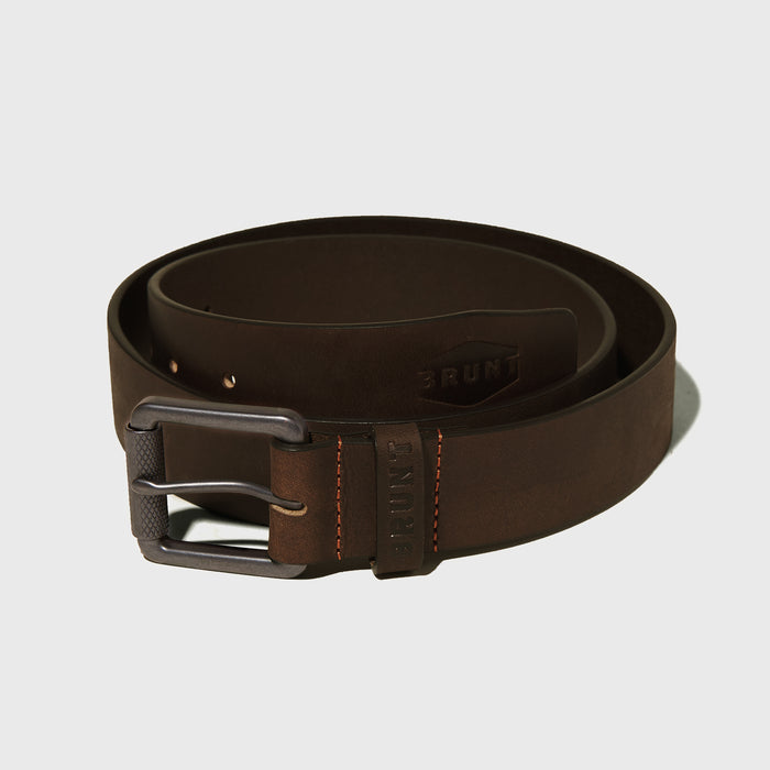 Leather belt with orange stitching and embossed BRUNT logo in brown rolled up * 0